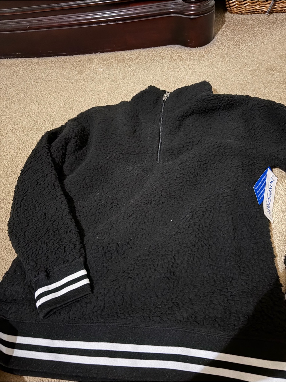 NWOT boxercraft Black Sherpa Zip-Up Pullover with Striped Trim